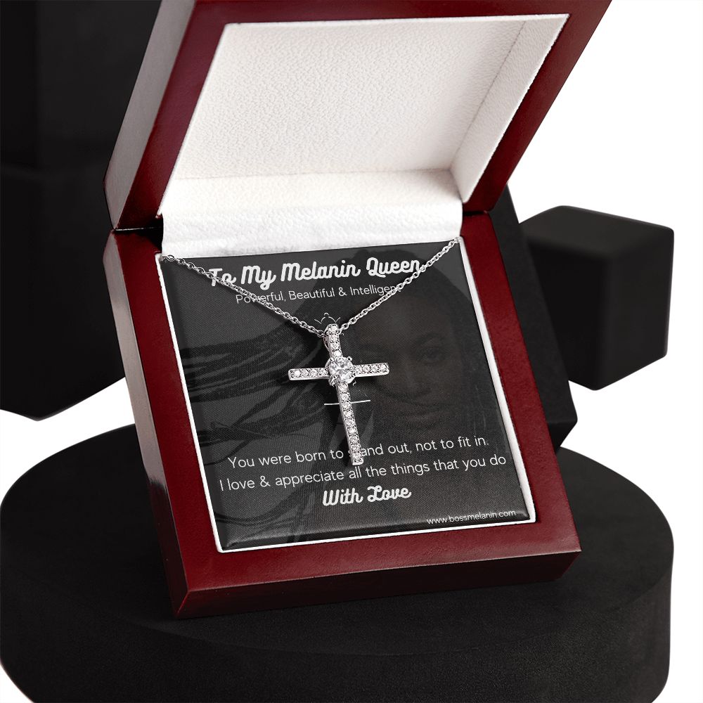 Melanin Queen Gift - White gold dipped high quality crystal encrusted cross & chain