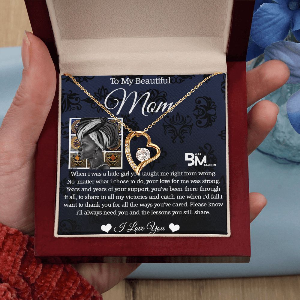 To My Beautiful Black Mom, Melanin Black Mother special Heart Shaped Silver Necklace with unique Gift card