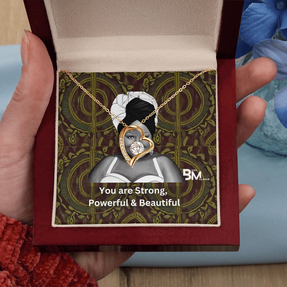 Beautiful, strong Black Woman, Melanin Black Woman special Heart Shaped White Gold Plated Necklace with unique Gift card message