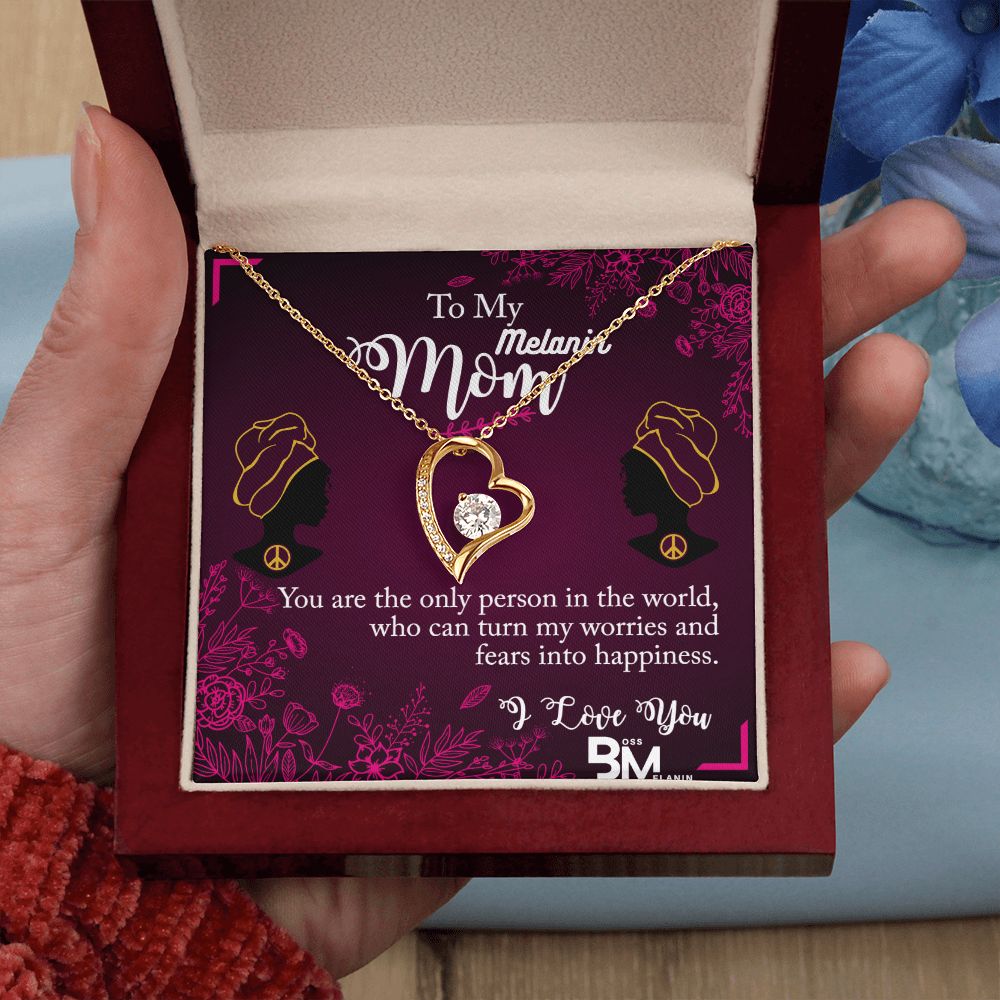 To My Beautiful Black Mom, Melanin Black Mother special Heart Shaped White Gold Plated Necklace with unique Gift card message