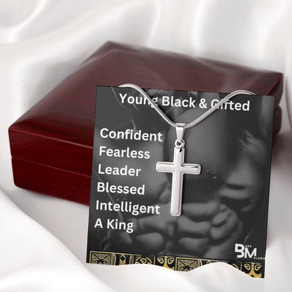 Young Gifted & Black - Jewelry Gift - High quality stainless steel cross & chain for, strong Black man, Melanin Black man
