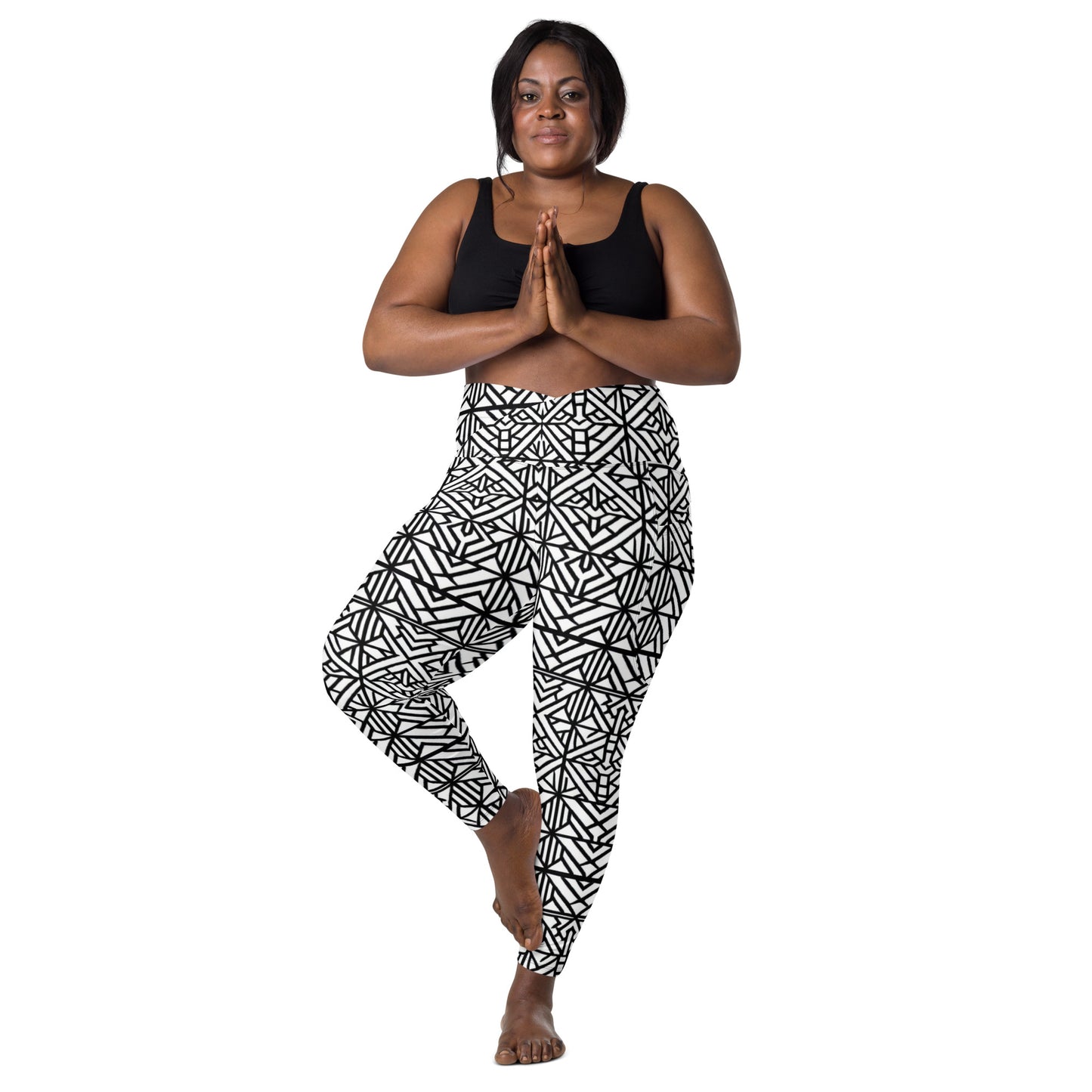 Black & White African Print Style leggins - Crossover leggings with pockets