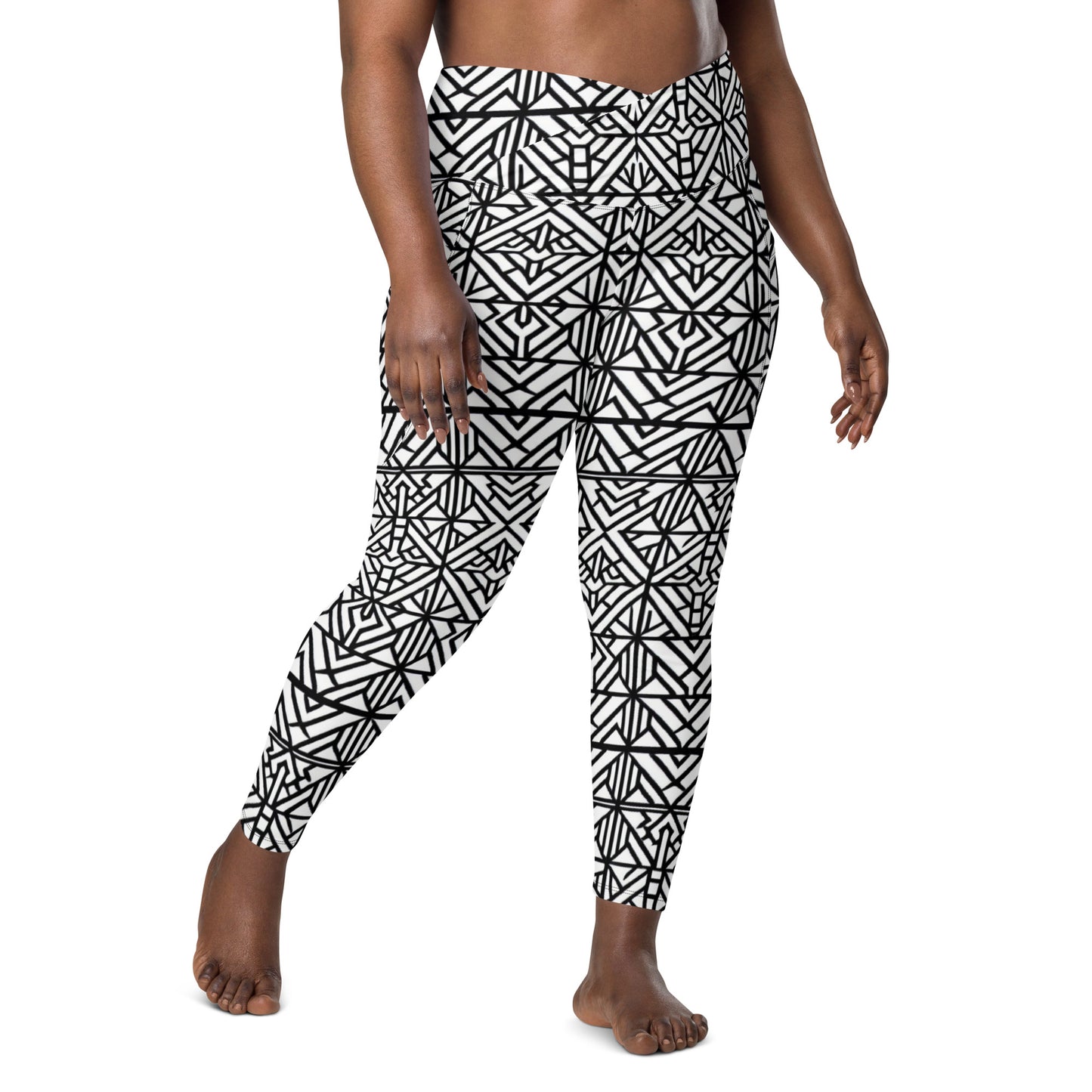 Black & White African Print Style leggins - Crossover leggings with pockets