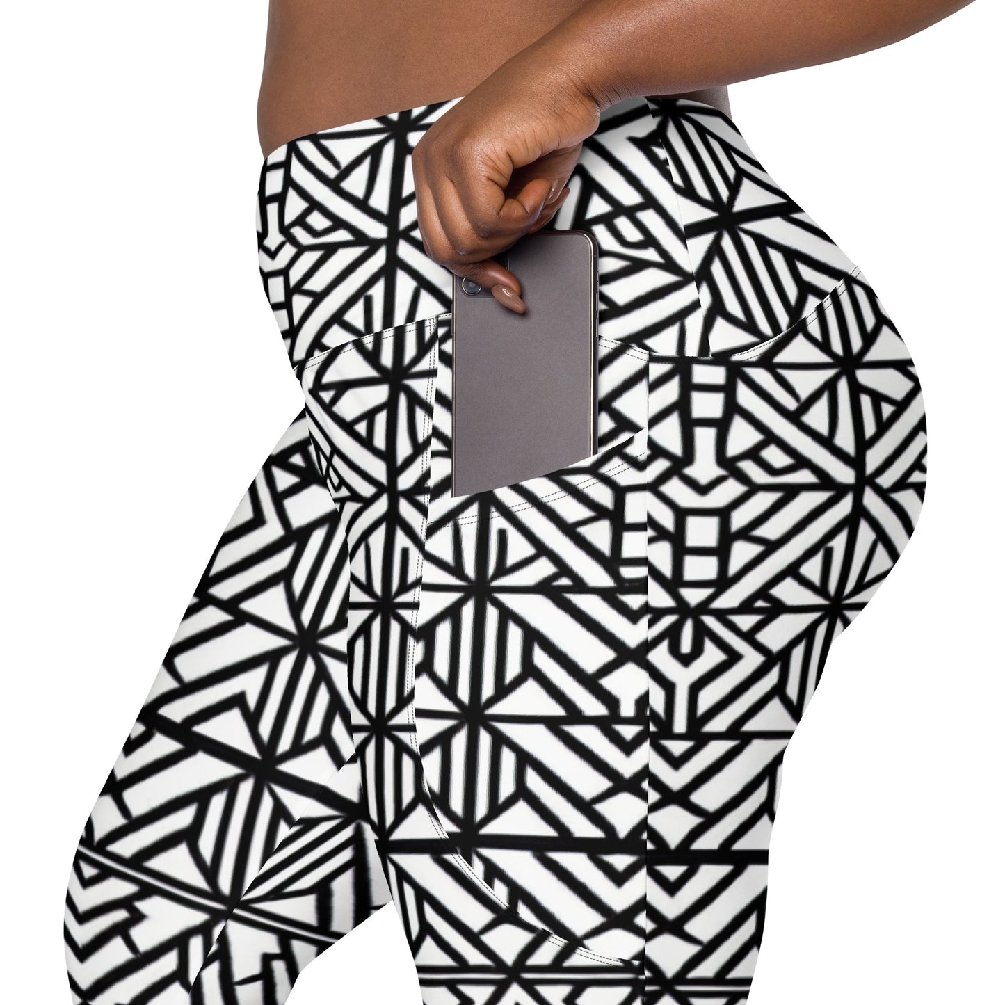 Black & White African Print Style leggins - Crossover leggings with pockets