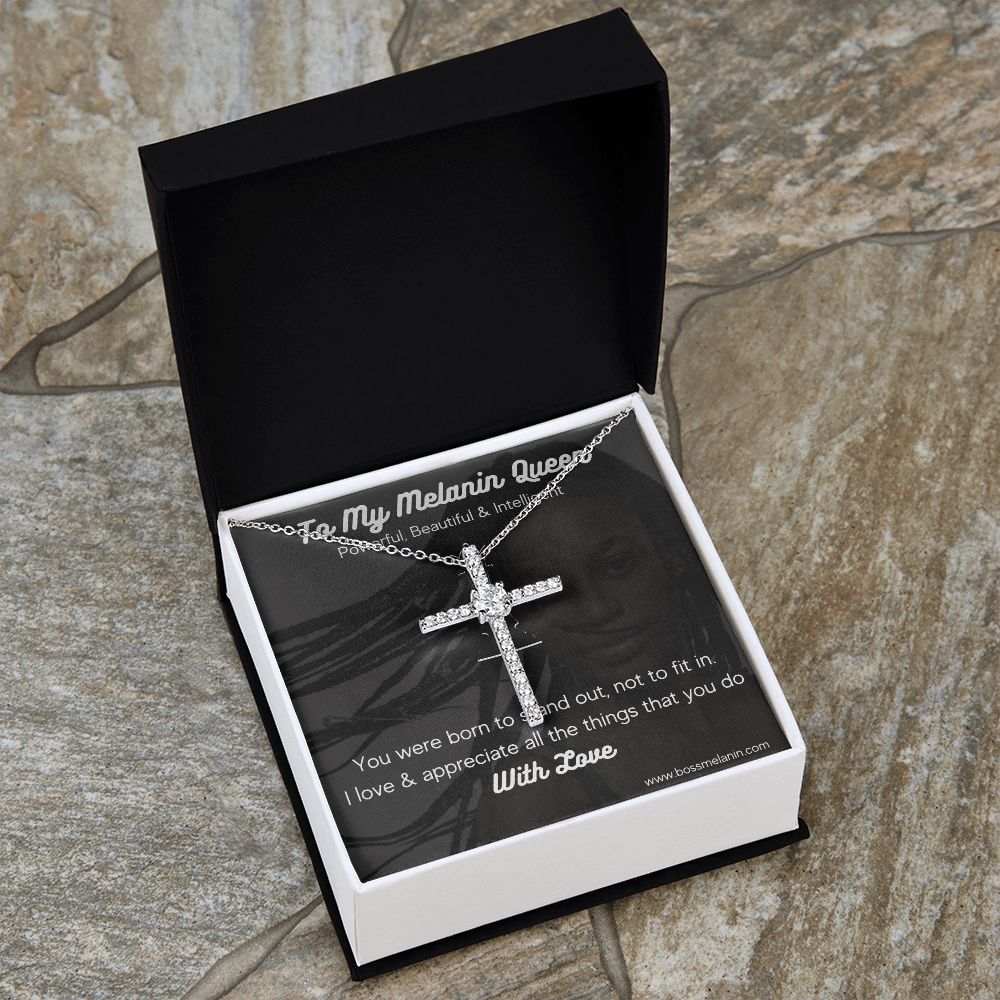 Melanin Queen Gift - White gold dipped high quality crystal encrusted cross & chain
