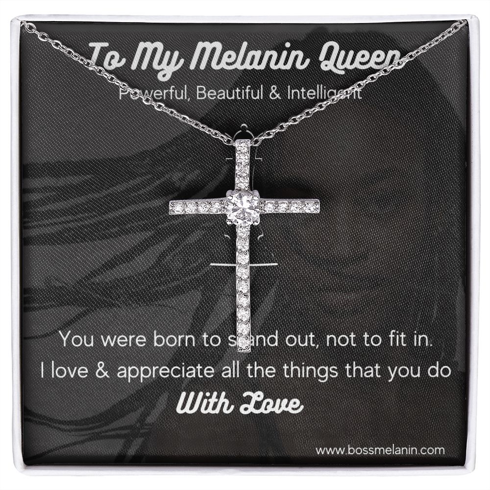 Melanin Queen Gift - White gold dipped high quality crystal encrusted cross & chain