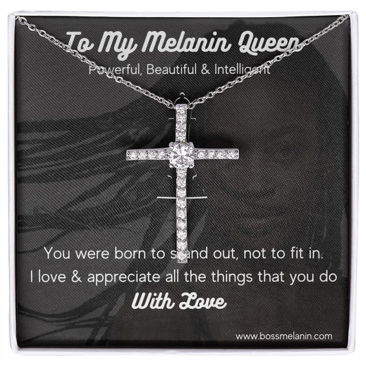 Melanin Queen Gift - White gold dipped high quality crystal encrusted cross & chain