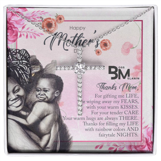 White gold dipped high quality crystal encrusted cross & chain for Beautiful, strong Black mother