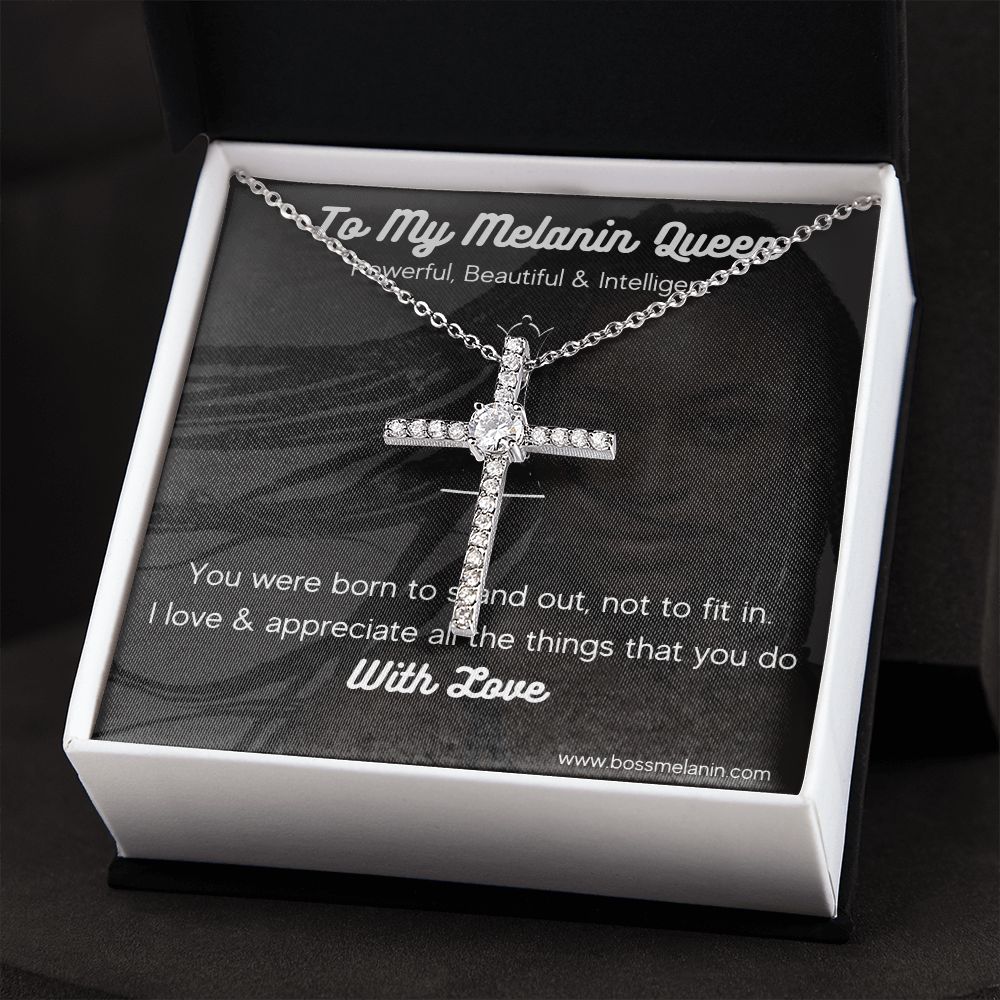Melanin Queen Gift - White gold dipped high quality crystal encrusted cross & chain