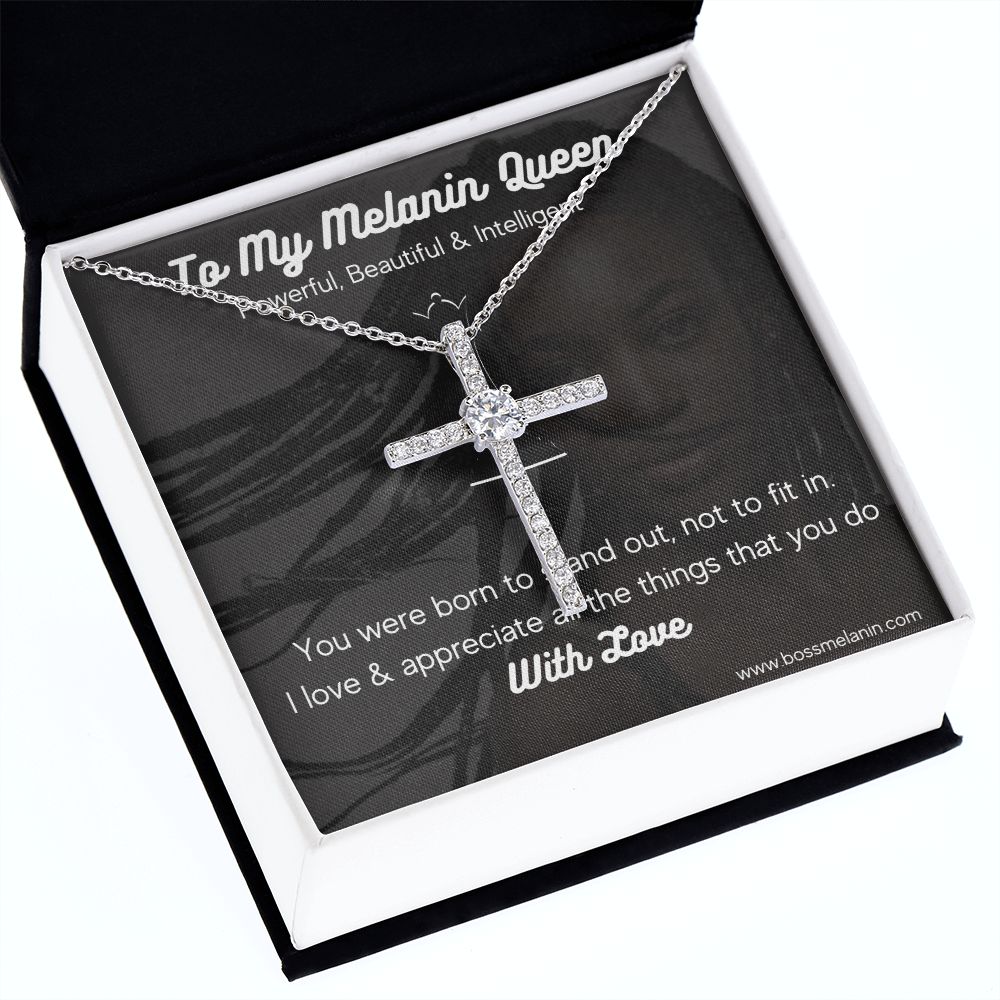 Melanin Queen Gift - White gold dipped high quality crystal encrusted cross & chain