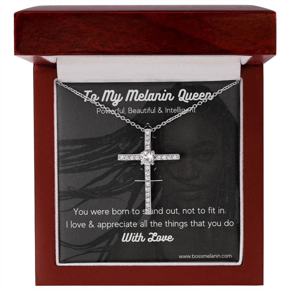 Melanin Queen Gift - White gold dipped high quality crystal encrusted cross & chain
