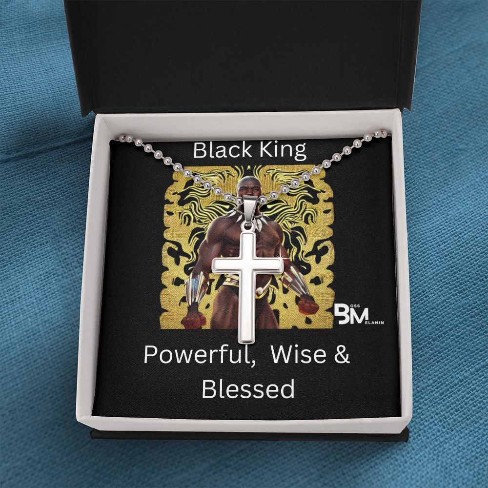 Powerful wise Black King stainless Steel Cross  White gold dipped high quality stainless steel cross & chain for Beautiful, strong Black man, Melanin Black man