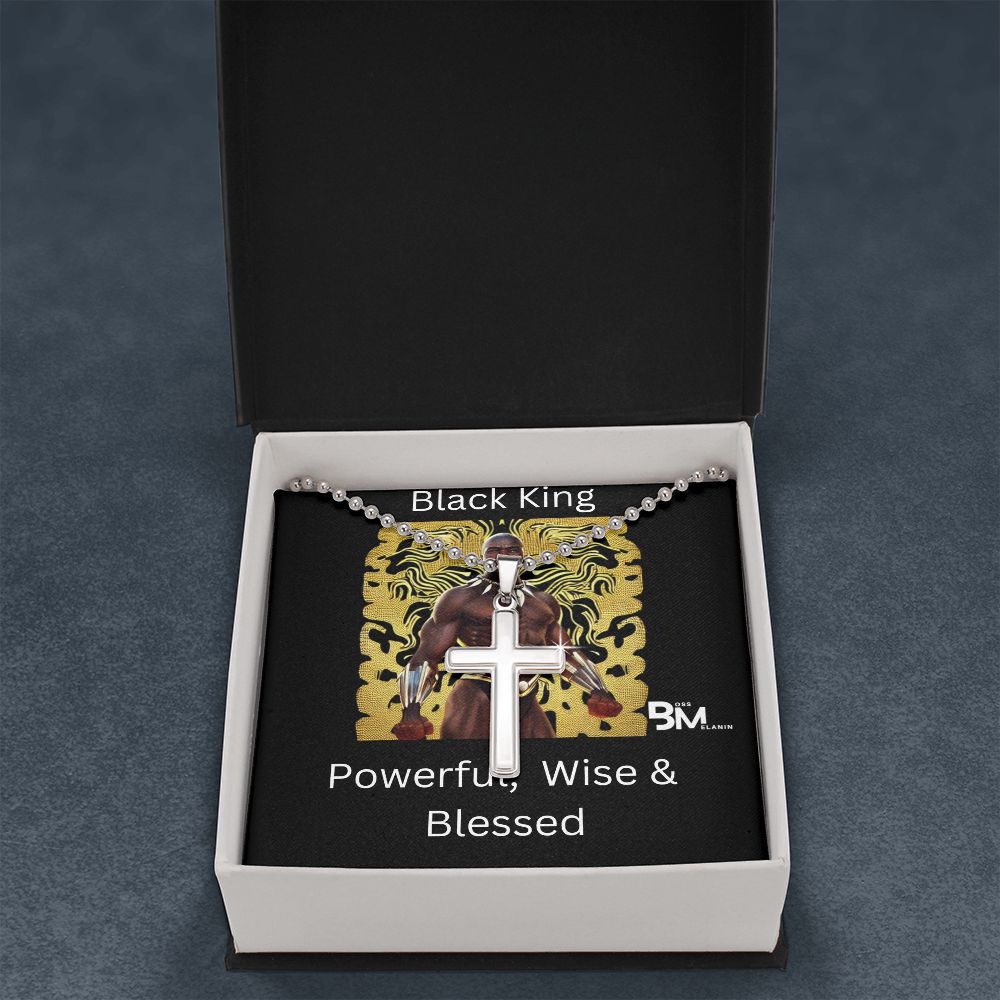 Powerful wise Black King stainless Steel Cross  White gold dipped high quality stainless steel cross & chain for Beautiful, strong Black man, Melanin Black man