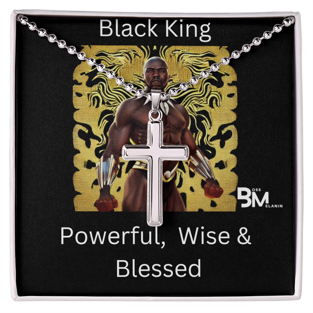 Powerful wise Black King stainless Steel Cross  White gold dipped high quality stainless steel cross & chain for Beautiful, strong Black man, Melanin Black man