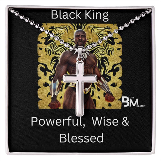 Powerful wise Black King stainless Steel Cross  White gold dipped high quality stainless steel cross & chain for Beautiful, strong Black man, Melanin Black man