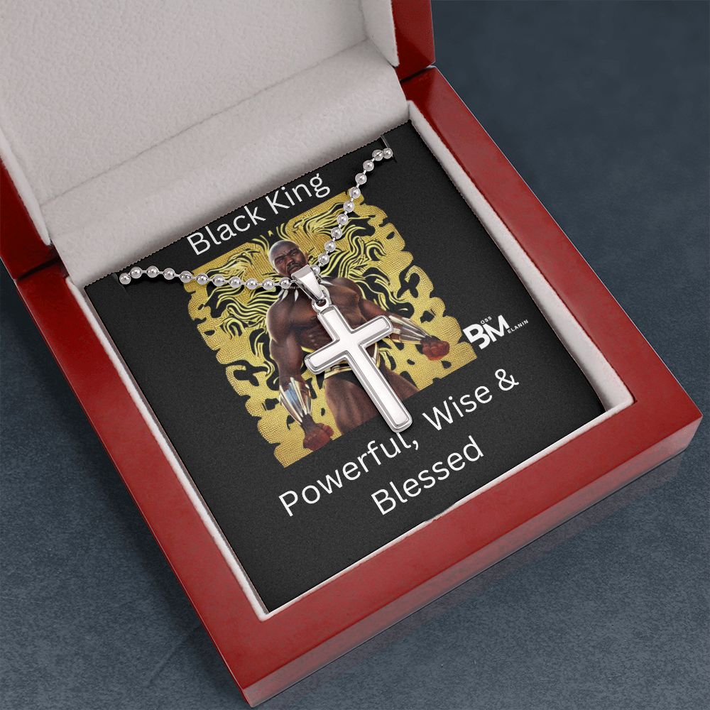 Powerful wise Black King stainless Steel Cross  White gold dipped high quality stainless steel cross & chain for Beautiful, strong Black man, Melanin Black man