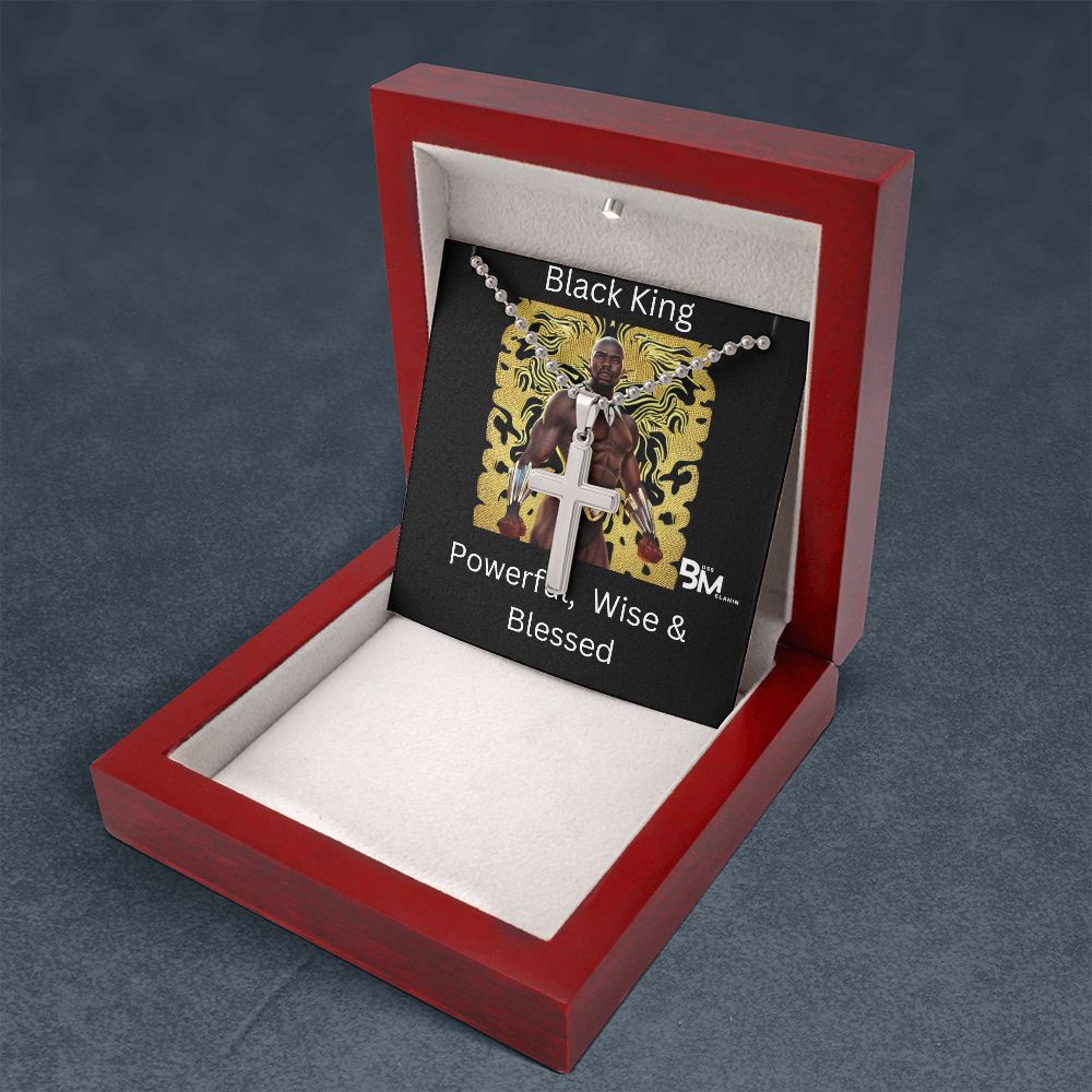 Powerful wise Black King stainless Steel Cross  White gold dipped high quality stainless steel cross & chain for Beautiful, strong Black man, Melanin Black man