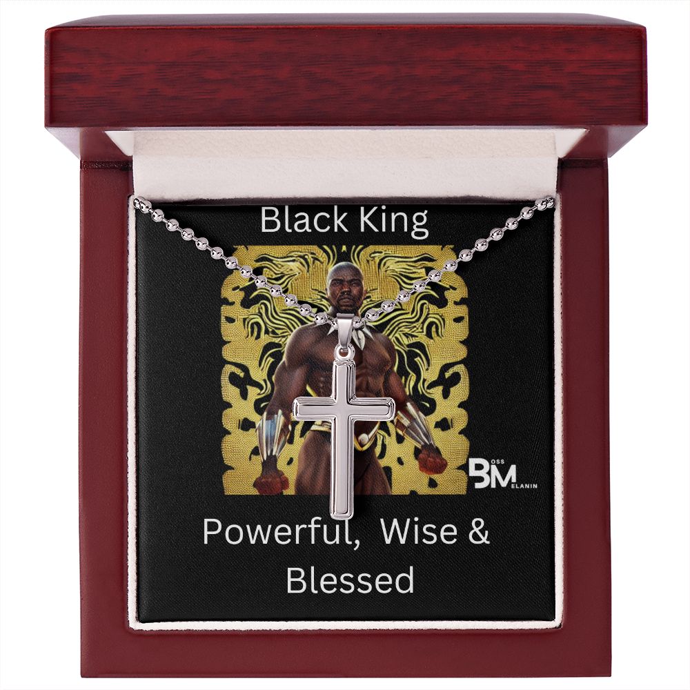 Powerful wise Black King stainless Steel Cross  White gold dipped high quality stainless steel cross & chain for Beautiful, strong Black man, Melanin Black man
