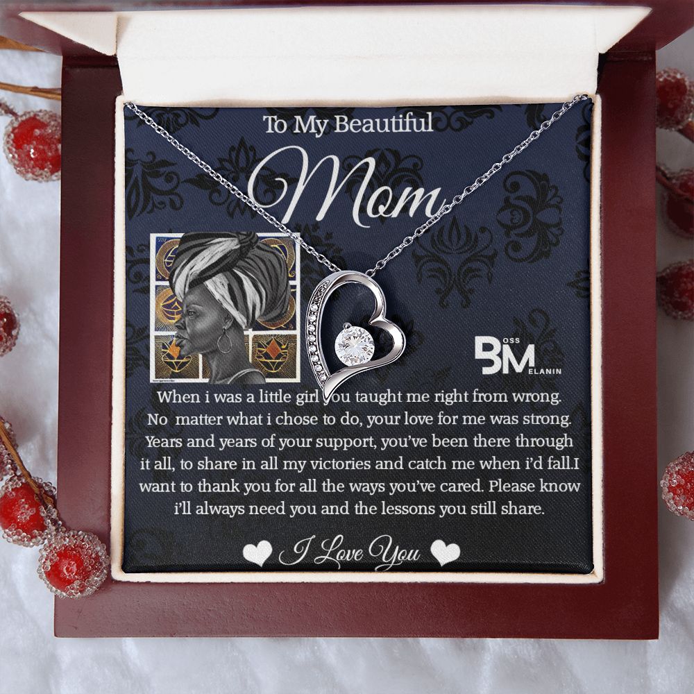 To My Beautiful Black Mom, Melanin Black Mother special Heart Shaped Silver Necklace with unique Gift card