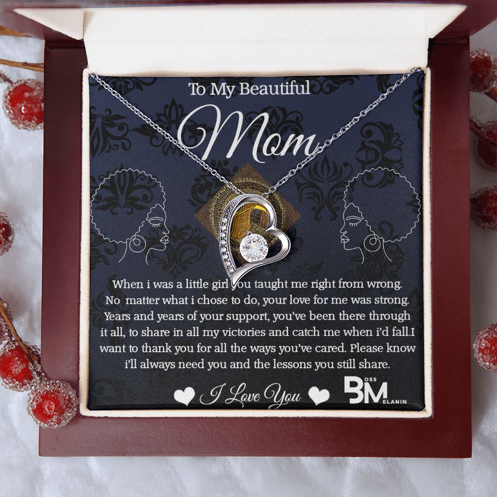 Black daughter to Beautiful Black Mom special gift, Melanin Black Mother special Heart Shaped White Gold Plated Necklace