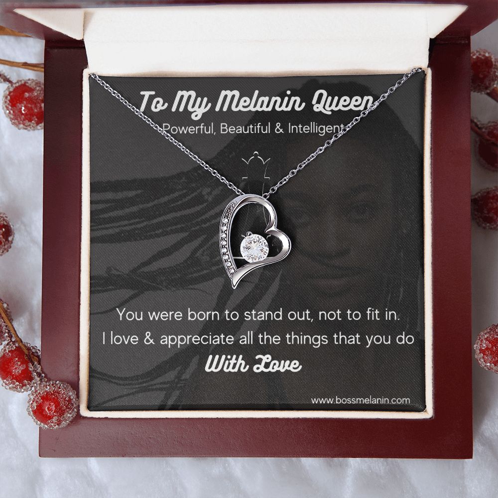 Melanin Queen Gift Necklace, Born to standout Melanin Black Woman special Heart Shaped White Gold Plated Necklace with unique Gift card message