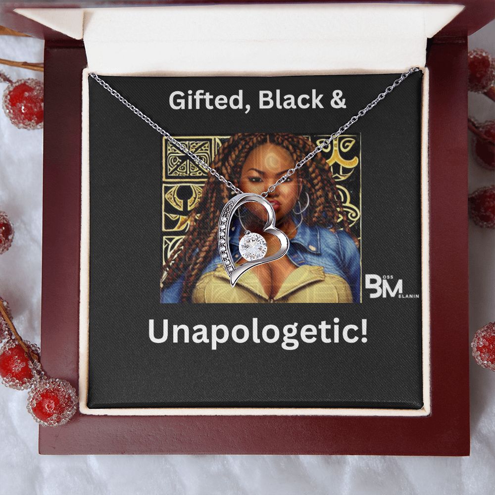 Gifted, Black & Unapologetic, strong Black Woman, Melanin Black Woman special Heart Shaped White Gold Plated Necklace