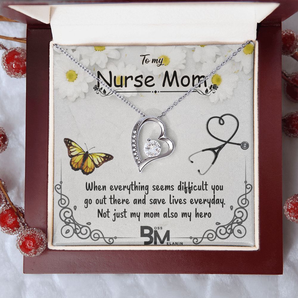 To My Beautiful Nurse Mom, Nurse Mother special Heart Shaped White Gold Plated Necklace with unique Gift card message