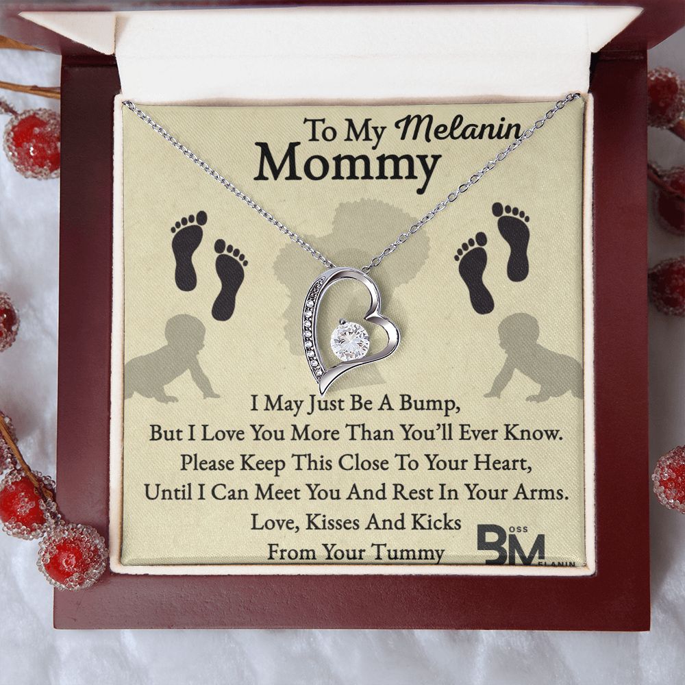 Pregnant Beautiful Black Mom Gift, Melanin Black pregnant Mother special Heart Shaped White Gold Plated Necklace with unique Gift card message.