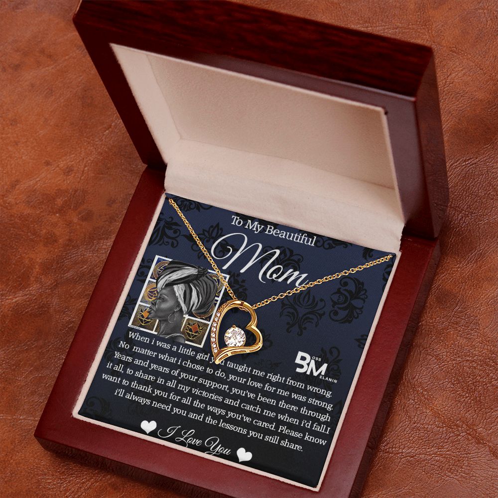 To My Beautiful Black Mom, Melanin Black Mother special Heart Shaped Silver Necklace with unique Gift card