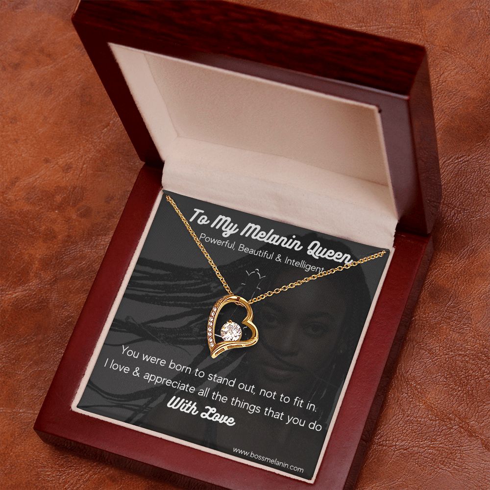 Melanin Queen Gift Necklace, Born to standout Melanin Black Woman special Heart Shaped White Gold Plated Necklace with unique Gift card message