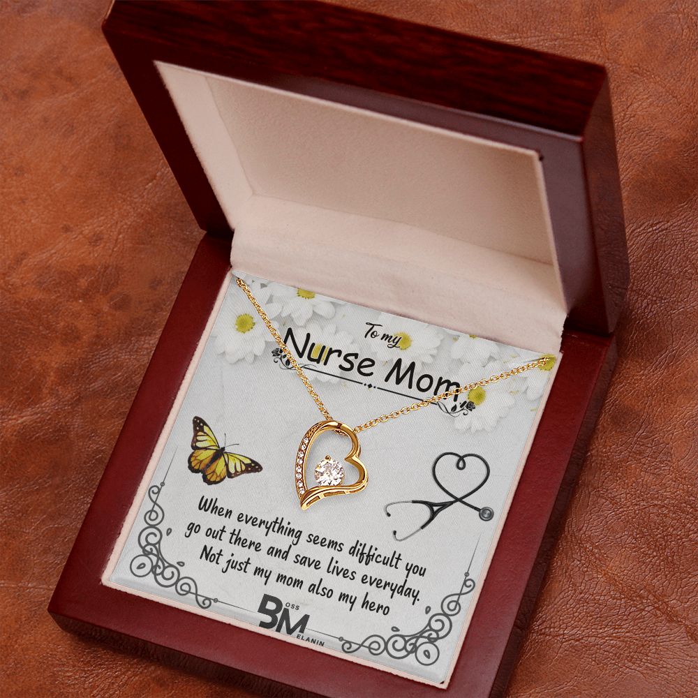 To My Beautiful Nurse Mom, Nurse Mother special Heart Shaped White Gold Plated Necklace with unique Gift card message