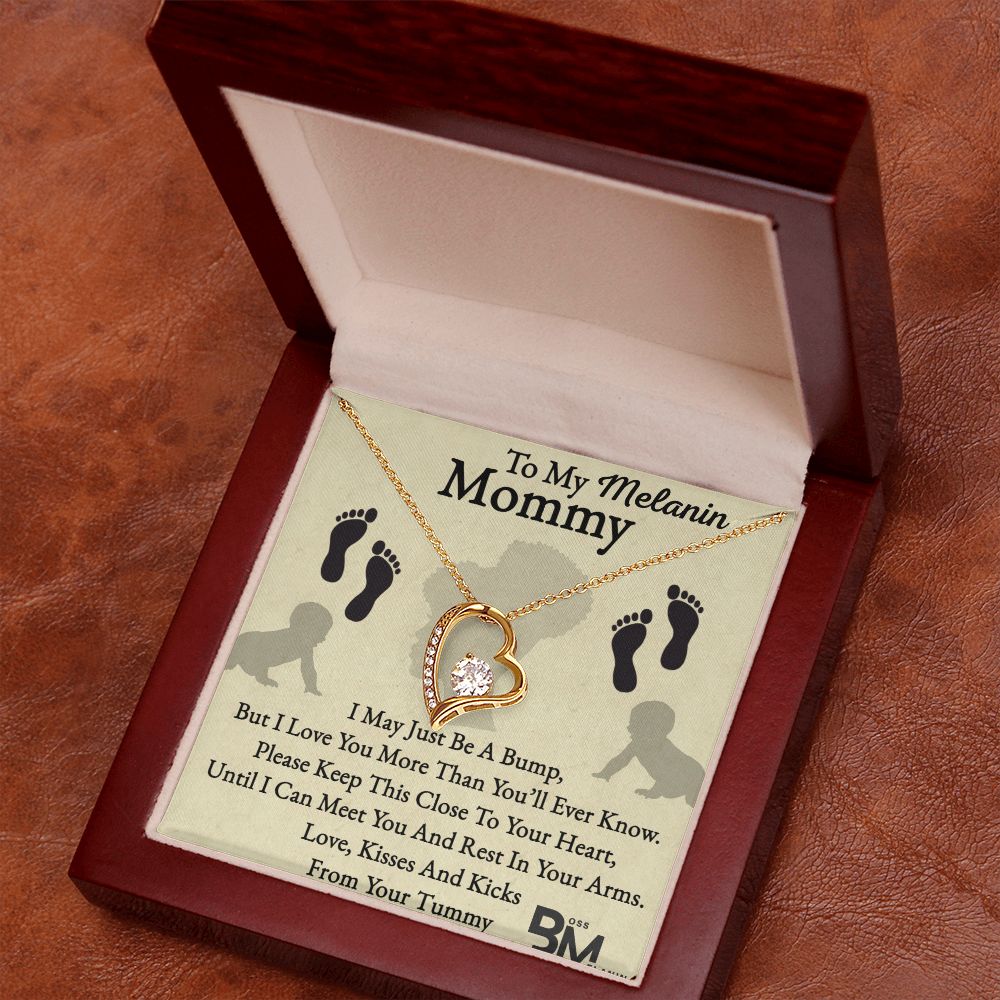 Pregnant Beautiful Black Mom Gift, Melanin Black pregnant Mother special Heart Shaped White Gold Plated Necklace with unique Gift card message.