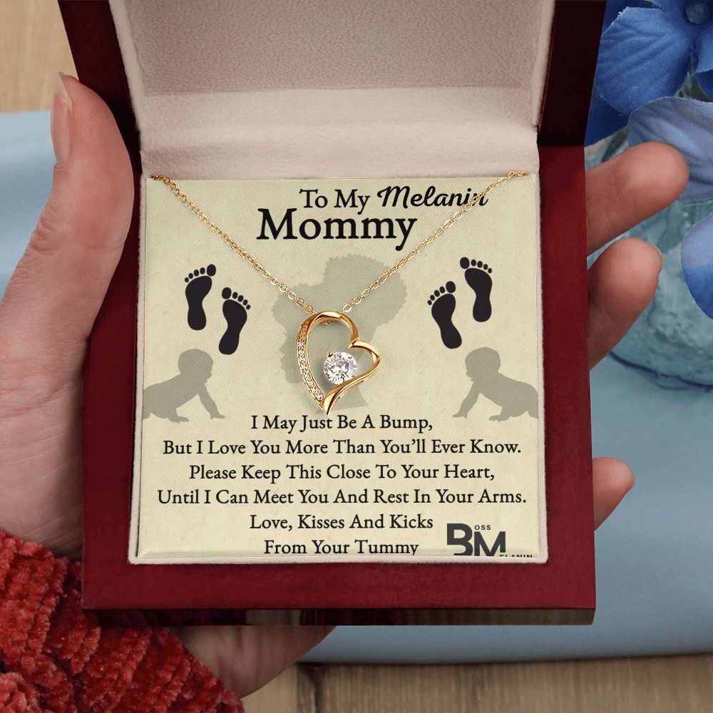 Pregnant Beautiful Black Mom Gift, Melanin Black pregnant Mother special Heart Shaped White Gold Plated Necklace with unique Gift card message.