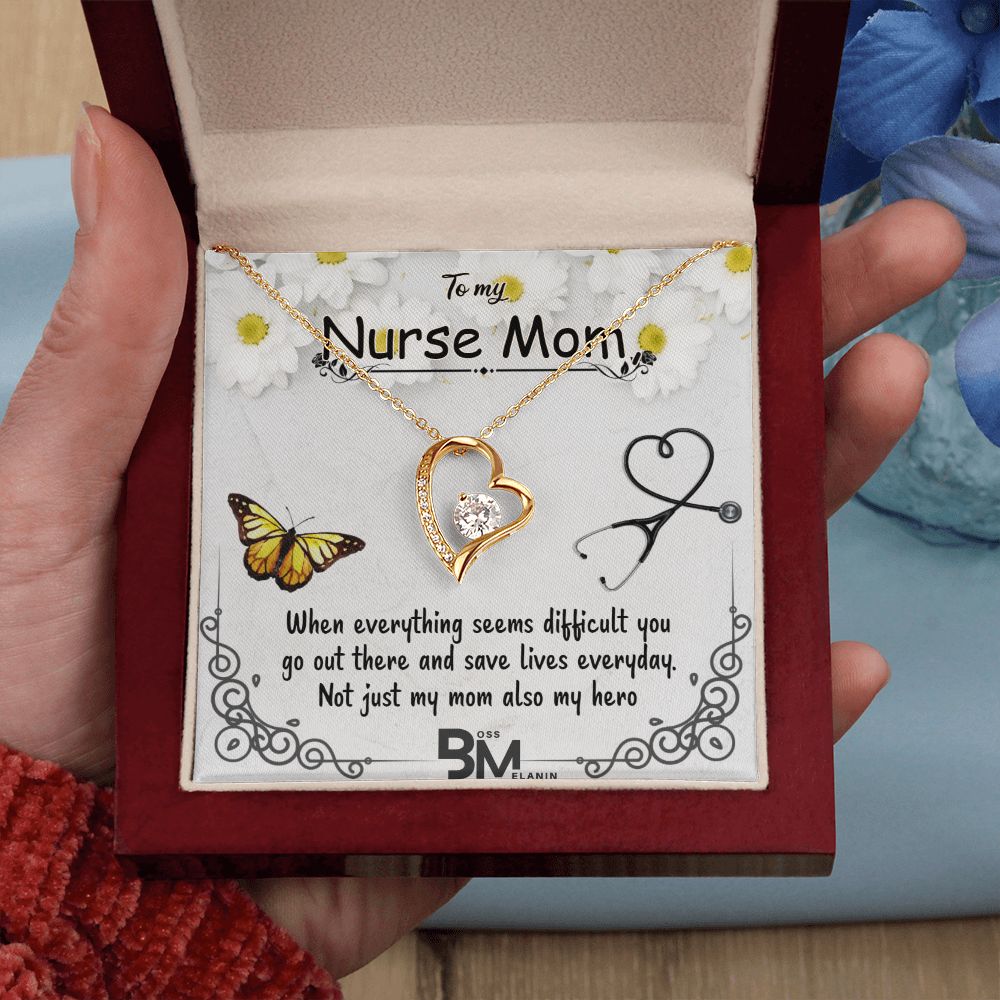 To My Beautiful Nurse Mom, Nurse Mother special Heart Shaped White Gold Plated Necklace with unique Gift card message