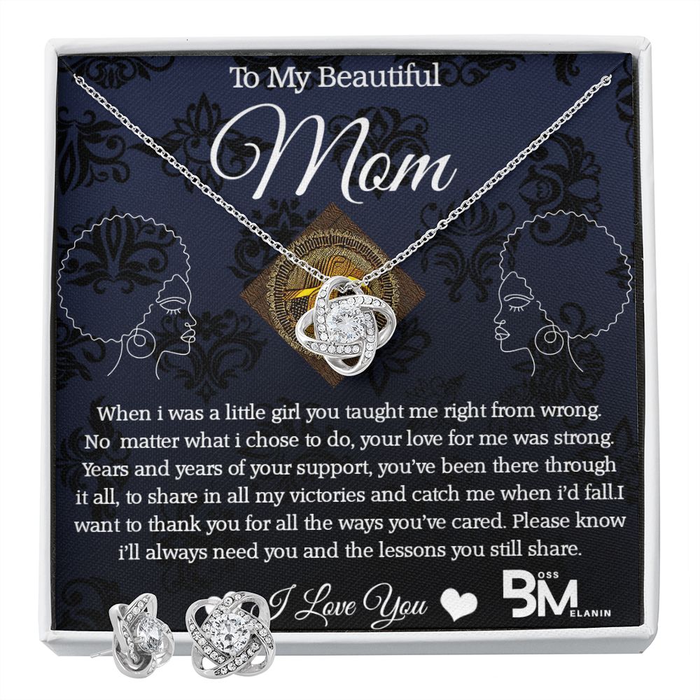 Earring & matching pendant set - - Melanin Mom high quality Love Knot Gift - White gold dipped high quality crystal encrusted Love Knot pendant & necklace chain with Zirconia