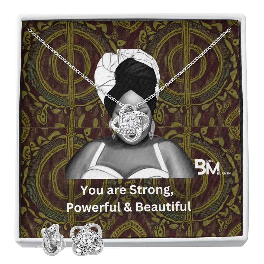 Pendant & Earing Gift Set - White gold dipped high quality crystal encrusted Love Knot pendant & necklace with matching earrings For strong powerful black woman
