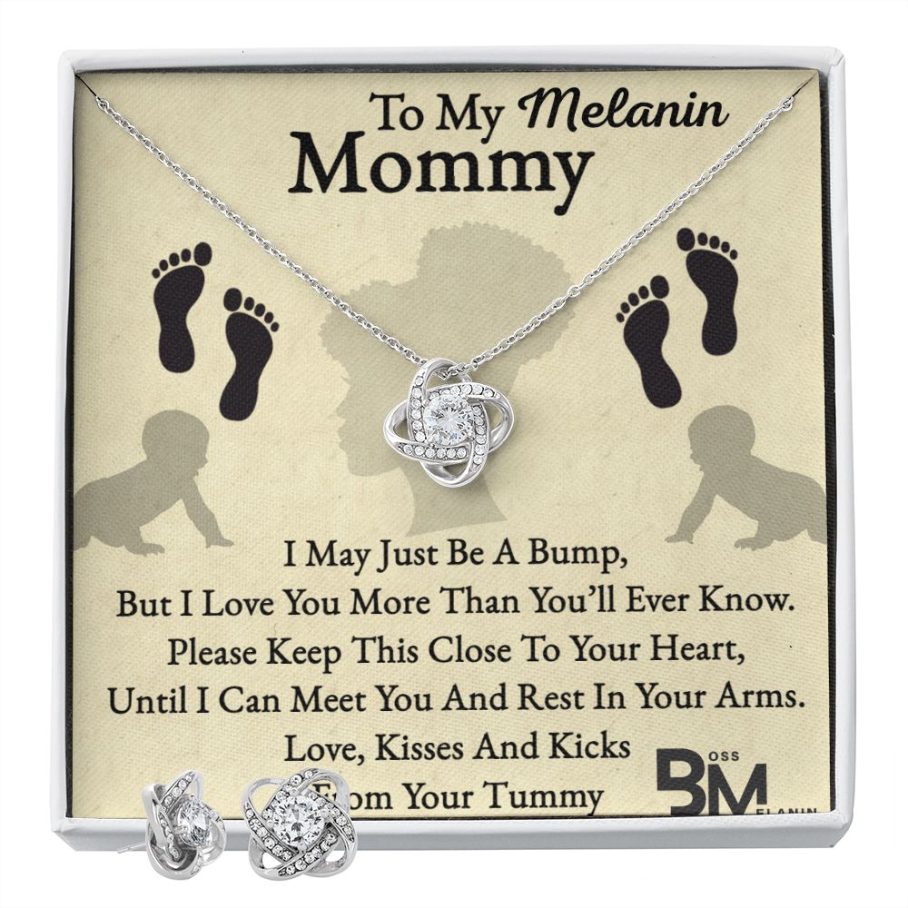 Earring & matching pendant set - Pregnant Black Woman Gift - White gold dipped high quality crystal encrusted Love Knot pendant & necklace chain with Zirconia