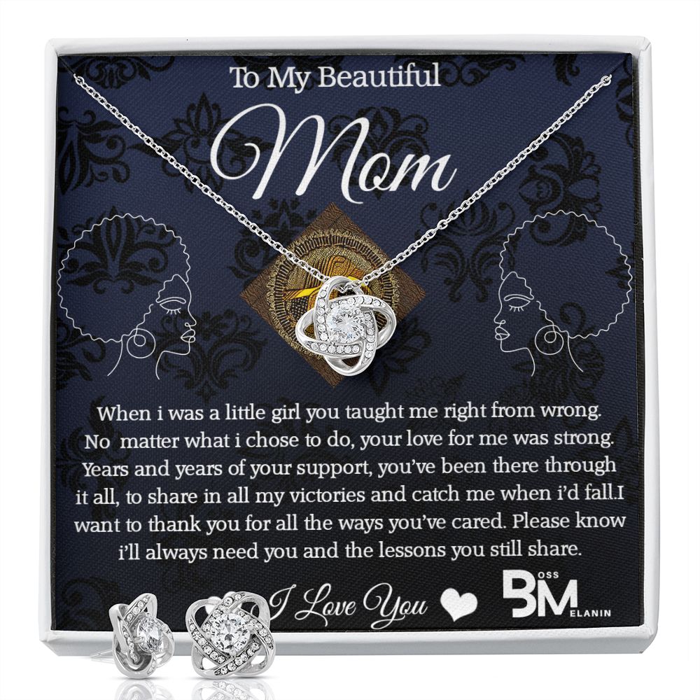 Earring & matching pendant set - - Melanin Mom high quality Love Knot Gift - White gold dipped high quality crystal encrusted Love Knot pendant & necklace chain with Zirconia