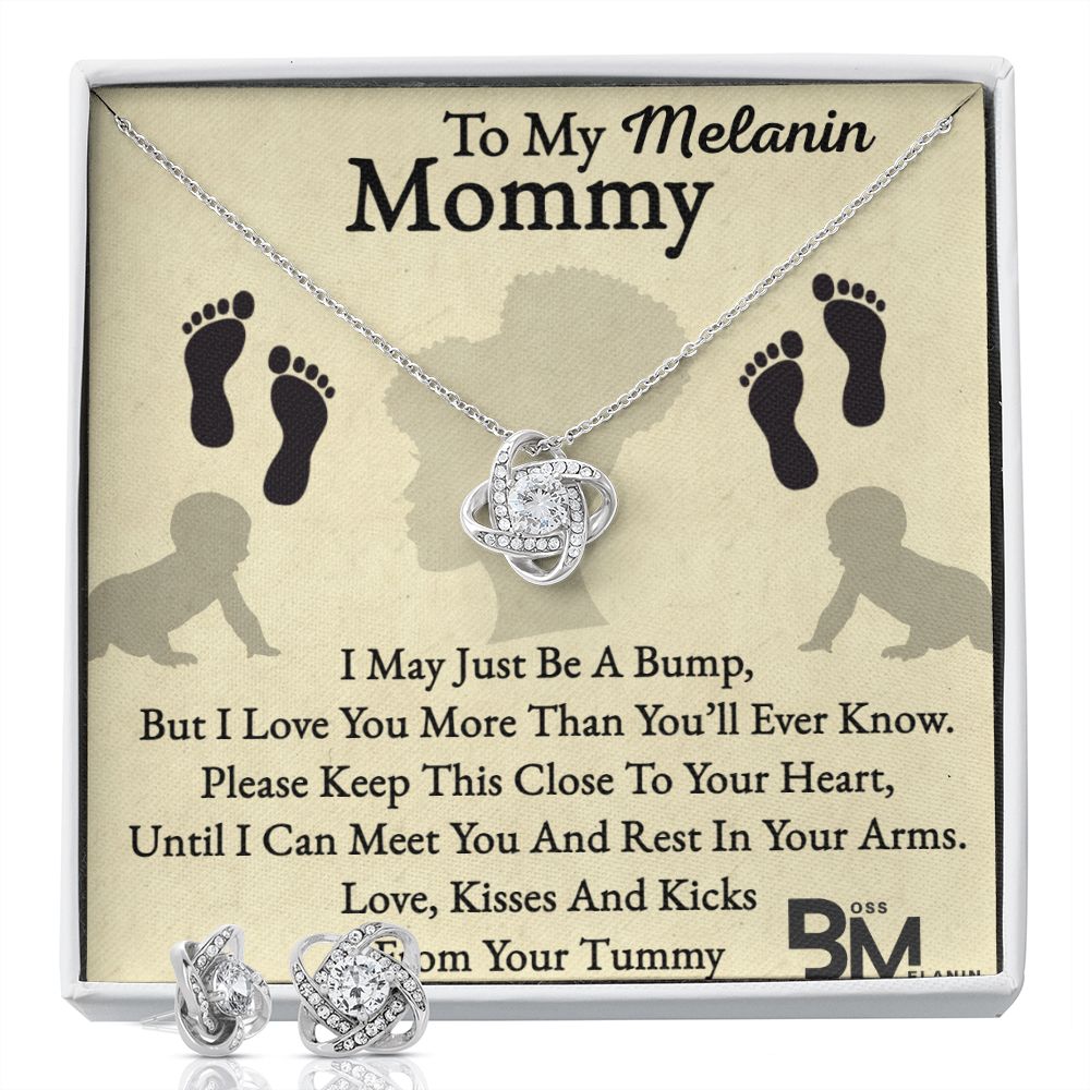 Earring & matching pendant set - Pregnant Black Woman Gift - White gold dipped high quality crystal encrusted Love Knot pendant & necklace chain with Zirconia