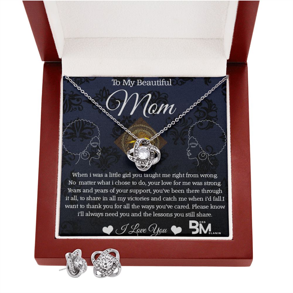 Earring & matching pendant set - - Melanin Mom high quality Love Knot Gift - White gold dipped high quality crystal encrusted Love Knot pendant & necklace chain with Zirconia