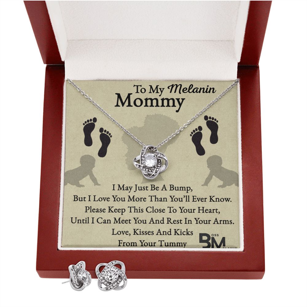Earring & matching pendant set - Pregnant Black Woman Gift - White gold dipped high quality crystal encrusted Love Knot pendant & necklace chain with Zirconia