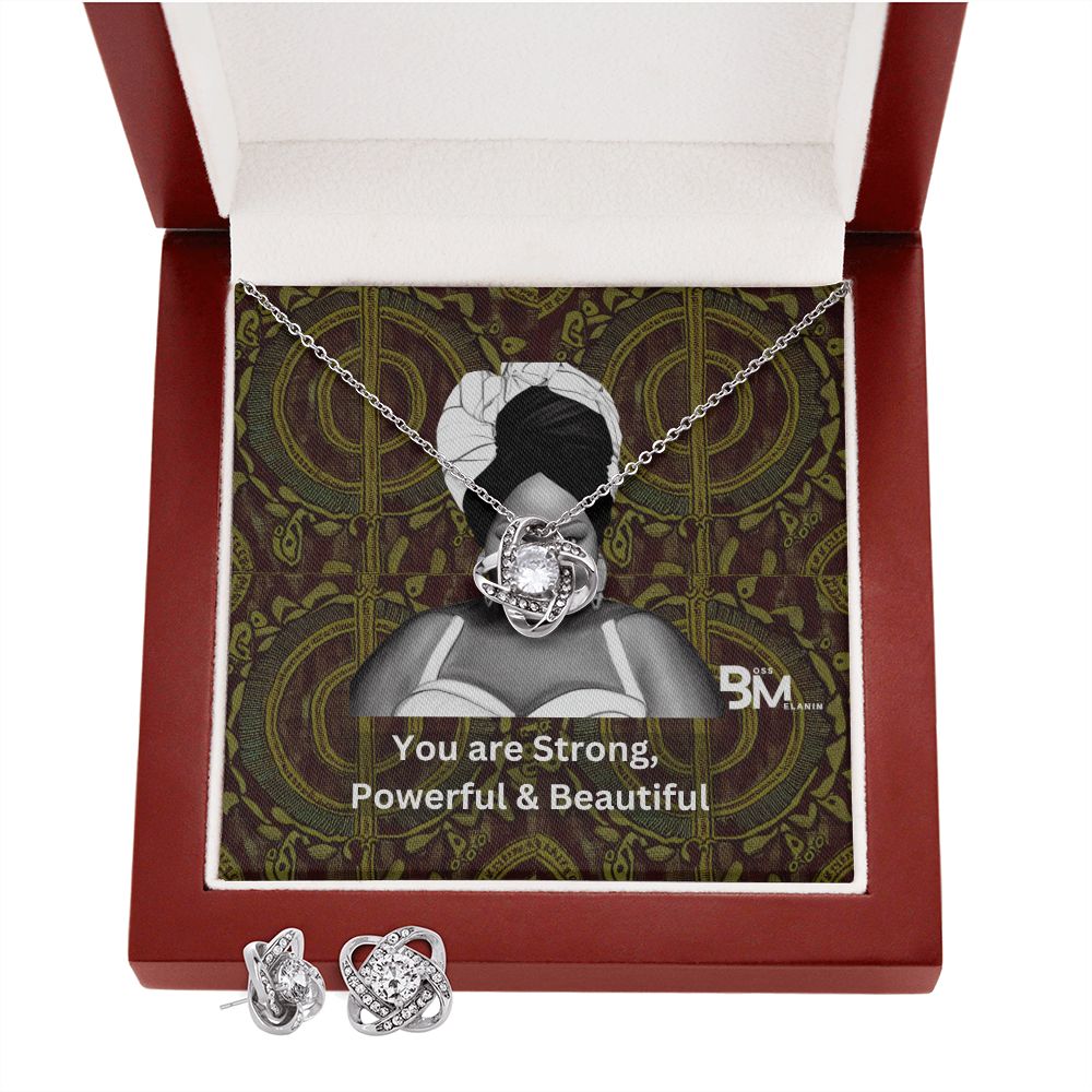 Pendant & Earing Gift Set - White gold dipped high quality crystal encrusted Love Knot pendant & necklace with matching earrings For strong powerful black woman