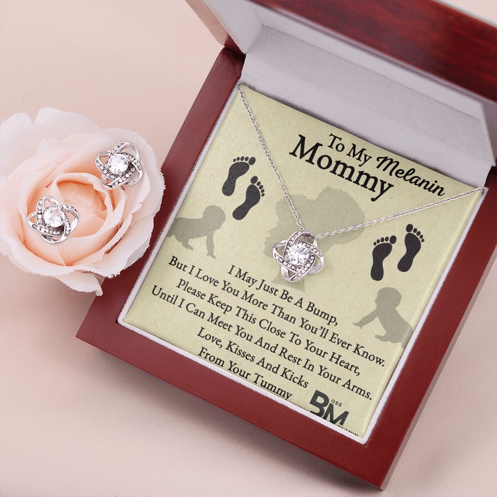 Earring & matching pendant set - Pregnant Black Woman Gift - White gold dipped high quality crystal encrusted Love Knot pendant & necklace chain with Zirconia