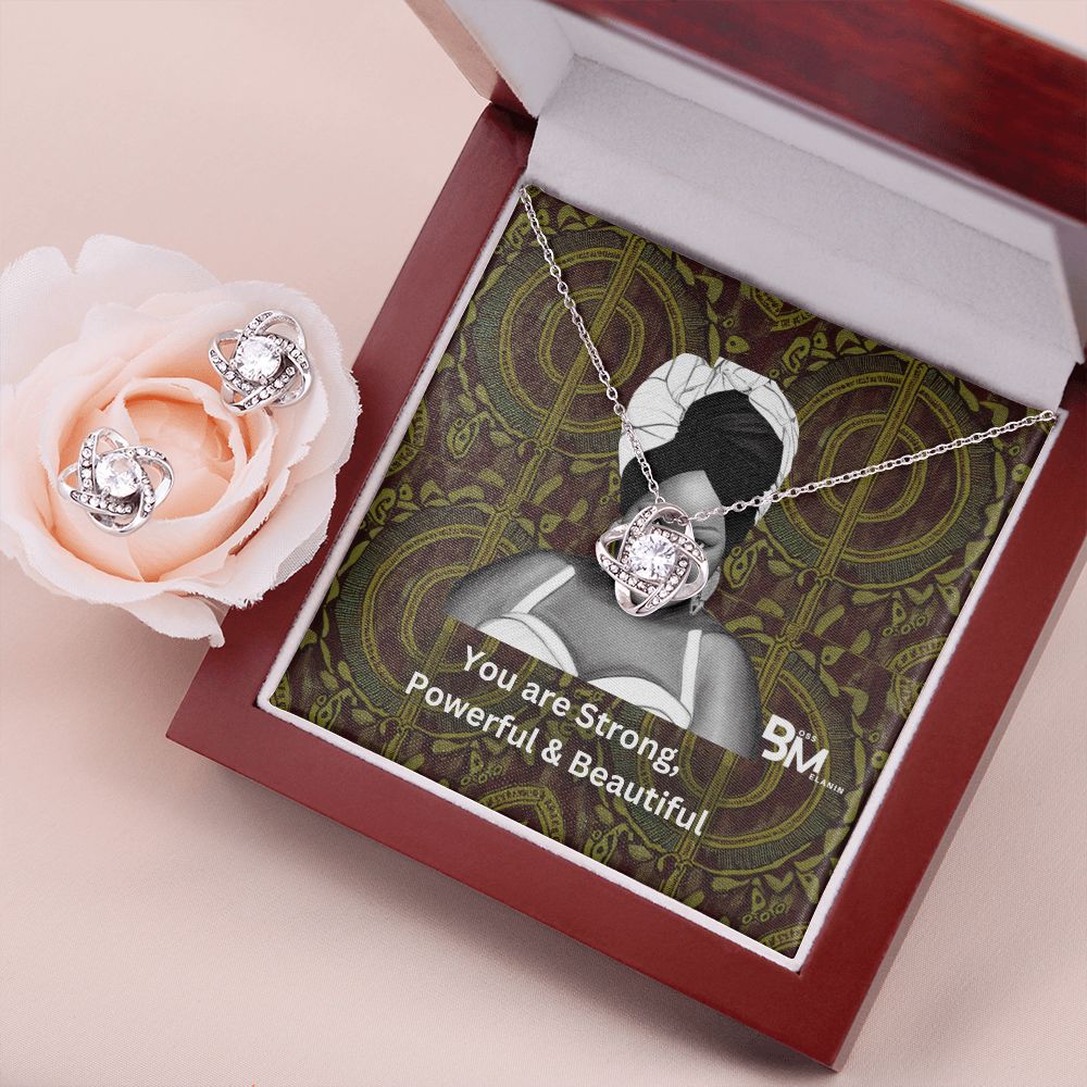 Pendant & Earing Gift Set - White gold dipped high quality crystal encrusted Love Knot pendant & necklace with matching earrings For strong powerful black woman