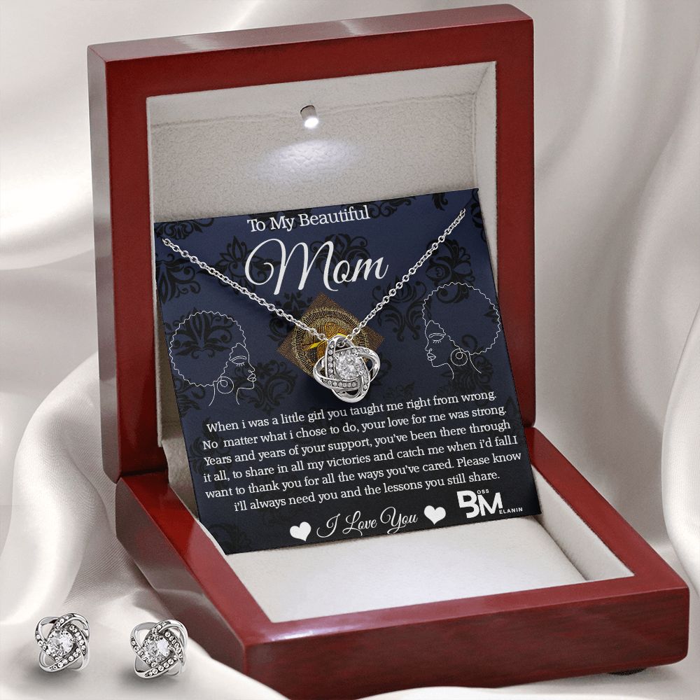 Earring & matching pendant set - - Melanin Mom high quality Love Knot Gift - White gold dipped high quality crystal encrusted Love Knot pendant & necklace chain with Zirconia