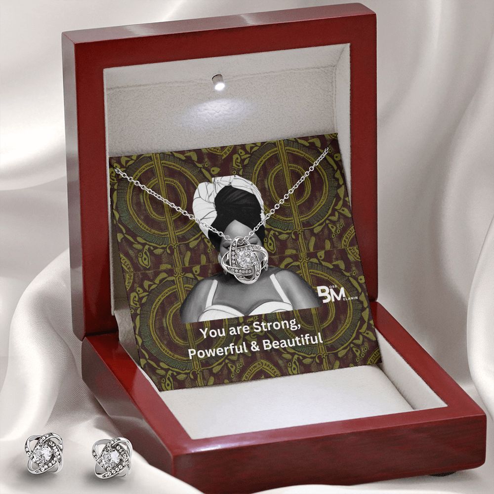 Pendant & Earing Gift Set - White gold dipped high quality crystal encrusted Love Knot pendant & necklace with matching earrings For strong powerful black woman