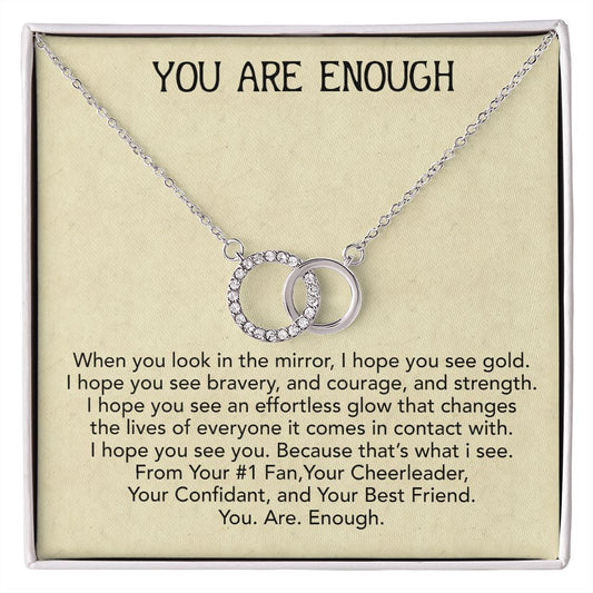You Are Enough -  Neckless with interlocking circles, white gold dipped and encrusted with Zirconia