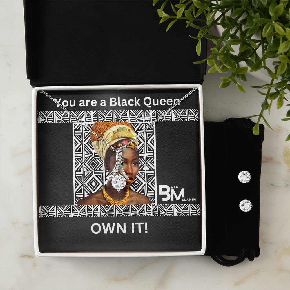 Black Queen matching pendat & neclace with earrings - Matching Earrings and pendant chain - Perfect Black woman gift encrusted with Zirconia