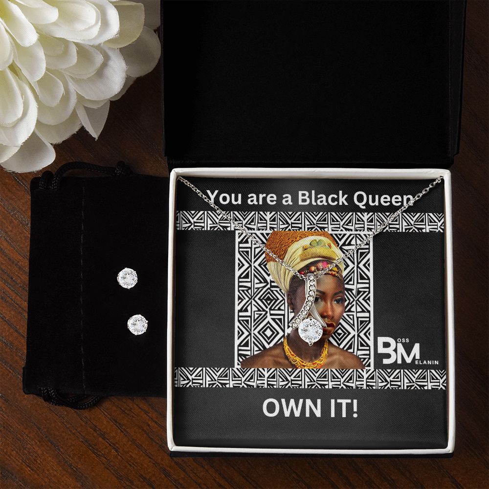 Black Queen matching pendat & neclace with earrings - Matching Earrings and pendant chain - Perfect Black woman gift encrusted with Zirconia