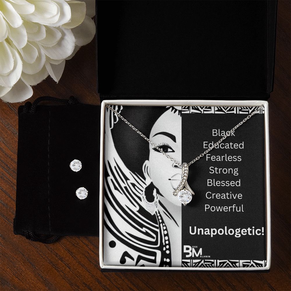 Fearless & Strong - Matching Earrings and pendant chain - Perfect Black woman gift encrusted with Zirconia